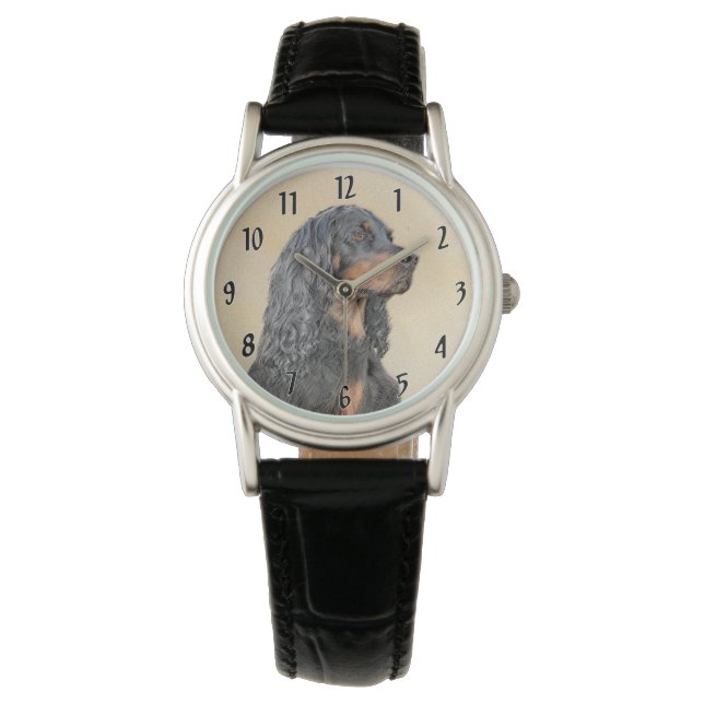 Gordon Setter'絵画s – かわいいオリジナルドッグアート 腕時計 (正面)