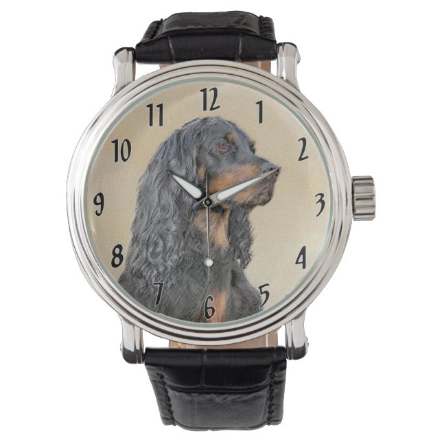 Gordon Setter'絵画s – かわいいオリジナルドッグアート 腕時計 (正面)