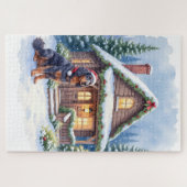 Gordon Setter Snowy Lodge Santa Hat Christmas Art ジグソーパズル (横)