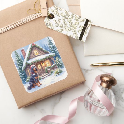Gordon Setter Snowy Lodge Santa Hat Christmas Art スクエアシール (ギフト)