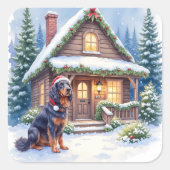 Gordon Setter Snowy Lodge Santa Hat Christmas Art スクエアシール (正面)