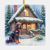 Gordon Setter Snowy Lodge Santa Hat Christmas Art セラミックオーナメント (正面)