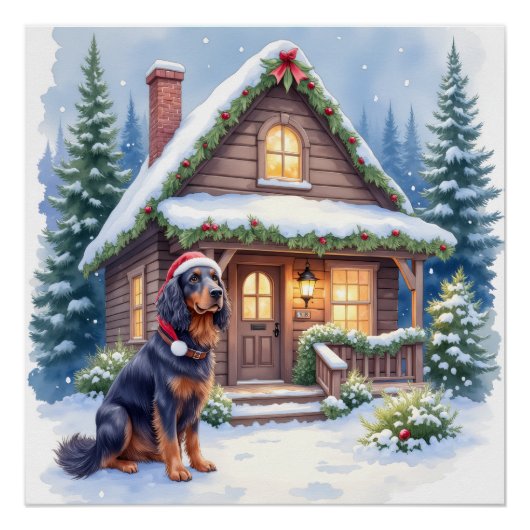 Gordon Setter Snowy Lodge Santa Hat Christmas Art ポスター (正面)