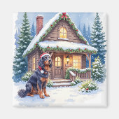 Gordon Setter Snowy Lodge Santa Hat Christmas Art マグネット (正面)