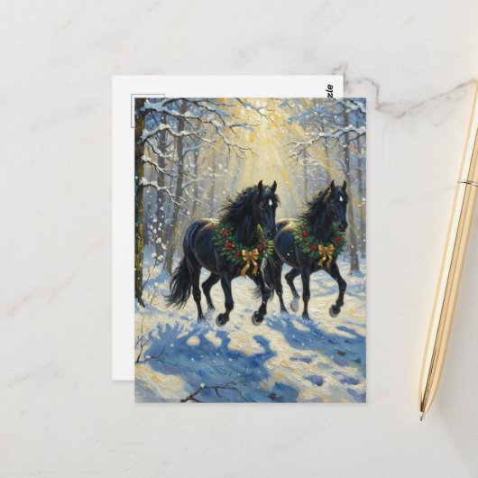 Gorgeous Black Horses Wreaths in Winter Woods ポストカード (正面/裏面インサイチュ)