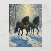 Gorgeous Black Horses Wreaths in Winter Woods ポストカード (正面)