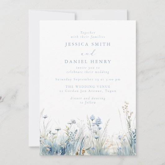 Gorgeous Blue Wildflower Meadow Wedding 招待状 (正面)