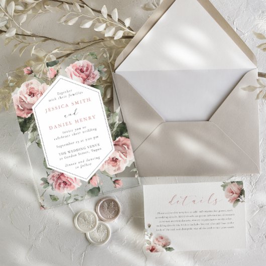 Gorgeous Blush Pink Watercolor Floral Wedding アクリル招待状