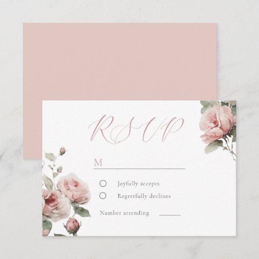 Gorgeous Blush Pink Watercolor Floral Wedding 出欠カード (正面/裏面)