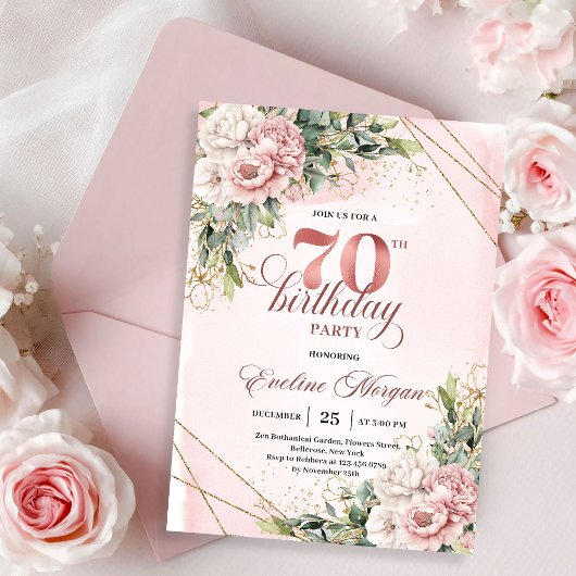 Gorgeous Blush Pink Watercolor Flowers 70 Birthday 招待状