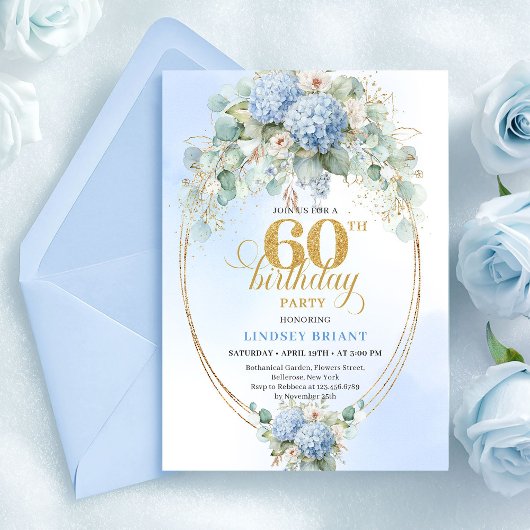 Gorgeous Boho Dusty Blue Floral Gold 60th Birthday 招待状