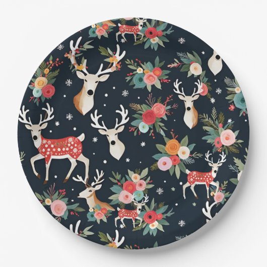 Gorgeous Christmas Reindeer Floral ペーパープレート (正面)