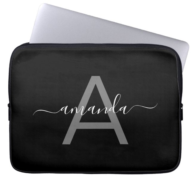 Gorgeous Elegant Add Your Name & Monogrammed Black ラップトップスリーブ (正面)