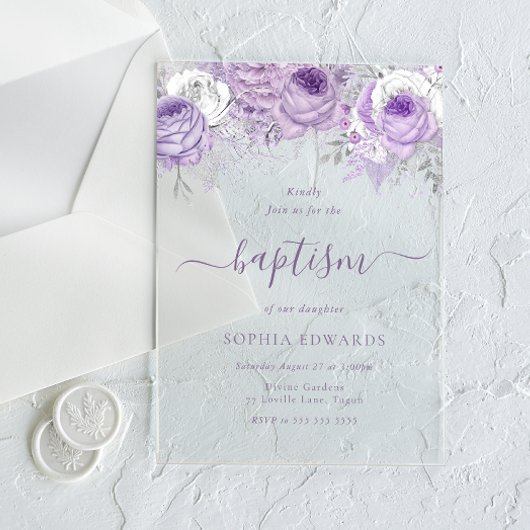 Gorgeous Lavender Purple Flowers Girls Baptism アクリル招待状