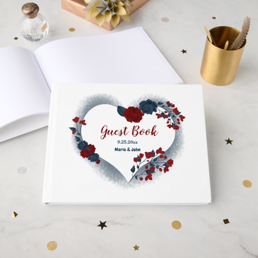 gorgeous navy blue & red flowers floral heart ゲストブック (正面見開き)