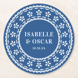 Gorgeous Ornate Papel Picado Blue Wedding ラウンドペーパーコースター