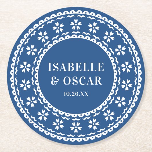 Gorgeous Ornate Papel Picado Blue Wedding ラウンドペーパーコースター (正面)