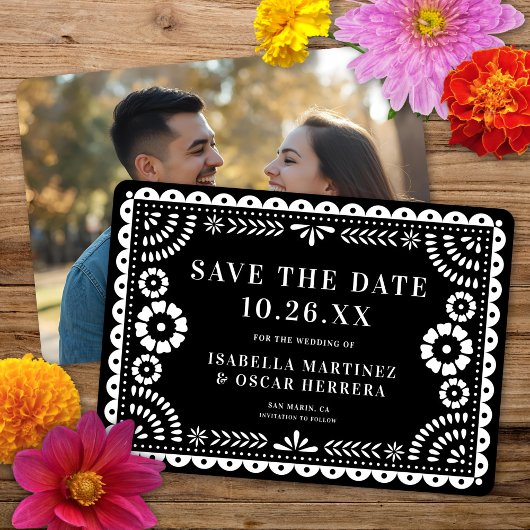 Gorgeous Ornate Papel Picado Photo Black Wedding セーブザデート