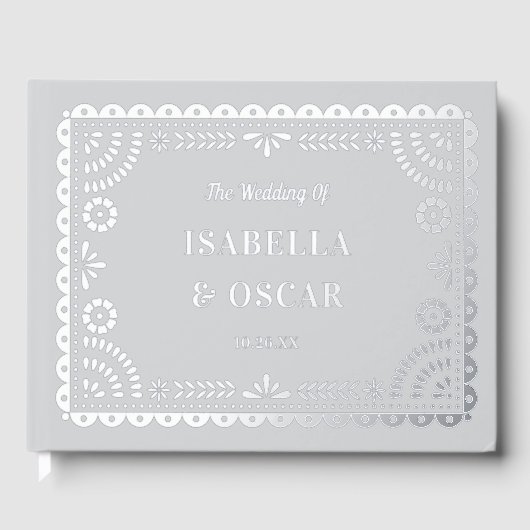 Gorgeous Ornate Papel Picado Wedding Silver ゲストブック (正面)