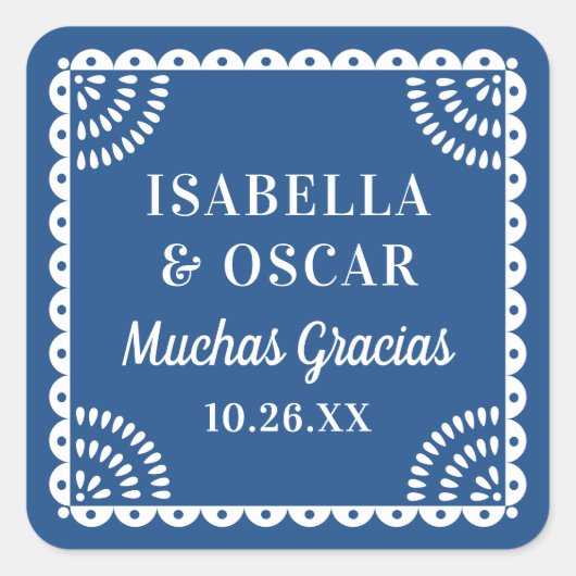 Gorgeous Papel Picado Blue Wedding Favor Sticker スクエアシール (正面)