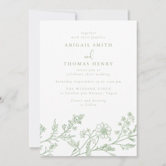 Gorgeous Sage Line Art Wedding 招待状 (正面)