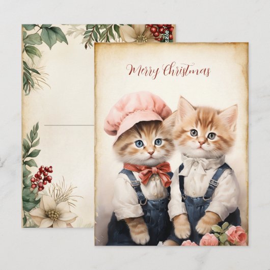 Gorgeous Two Kitten Family Christmas ポストカード (正面/裏面)