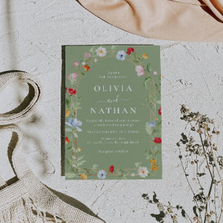 Gorgeous Wildflower Wreath Sage Wedding  招待状