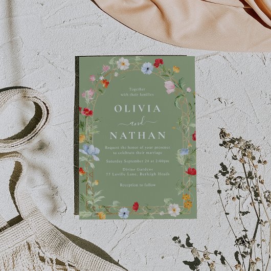 Gorgeous Wildflower Wreath Sage Wedding  招待状