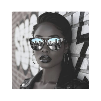Gorgous Woman in City with Sunglasses メタルプリント