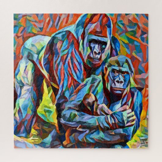 Gorilla Ape Family Abstract Animals Wildlife Art ジグソーパズル (縦)