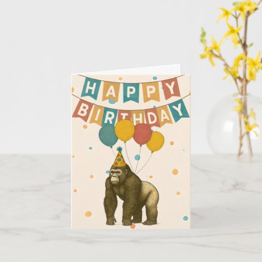 Gorilla Birthday Card – Funny Animal with Balloons カード (黄色い花)
