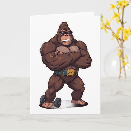 Gorilla Bodybuilder Weight Lifter Pop Art Cartoon カード (黄色い花)