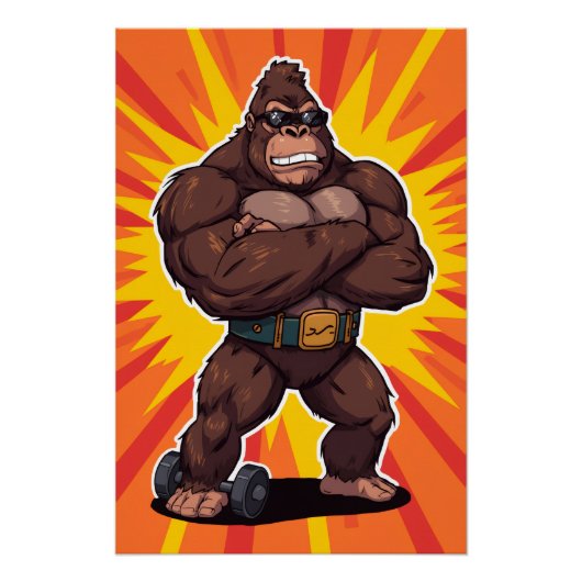 Gorilla Bodybuilder Weight Lifter Pop Art Cartoon ポスター (正面)
