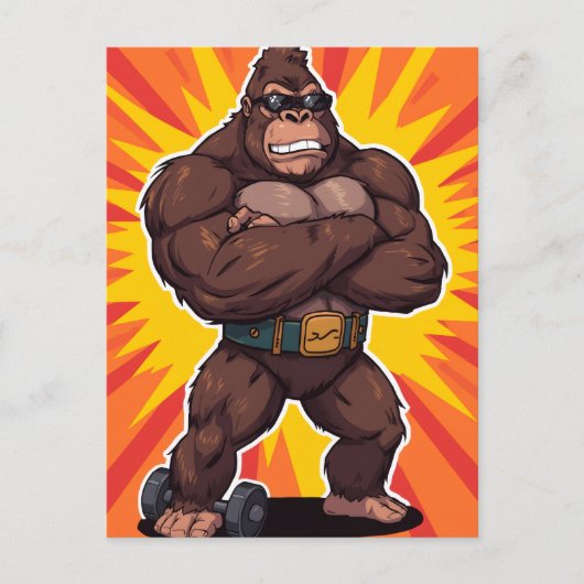 Gorilla Bodybuilder Weight Lifter Pop Art Cartoon ポストカード (正面)