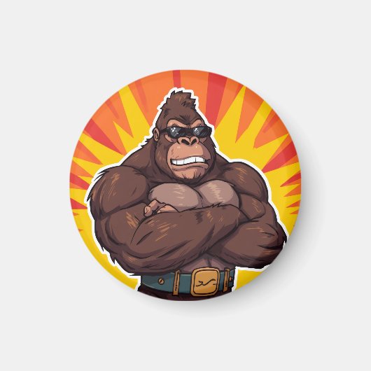 Gorilla Bodybuilder Weight Lifter Pop Art Cartoon マグネット (正面)