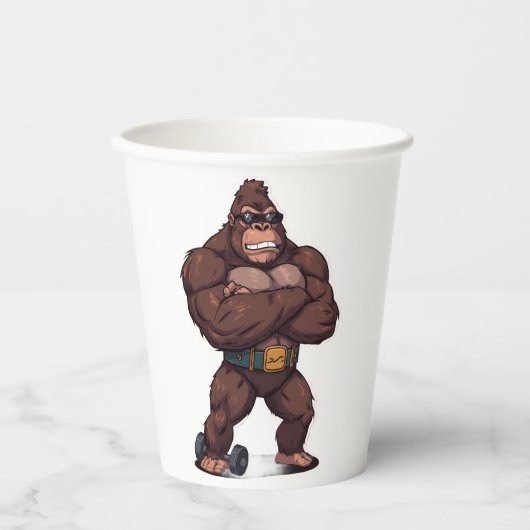 Gorilla Bodybuilder Weight Lifter Pop Art Cartoon 紙コップ (正面)