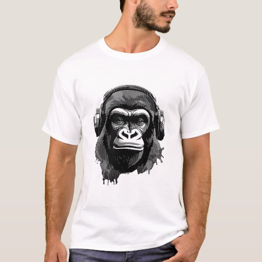 Gorilla mit Kopfhörern schwarz weiß Tシャツ (正面)