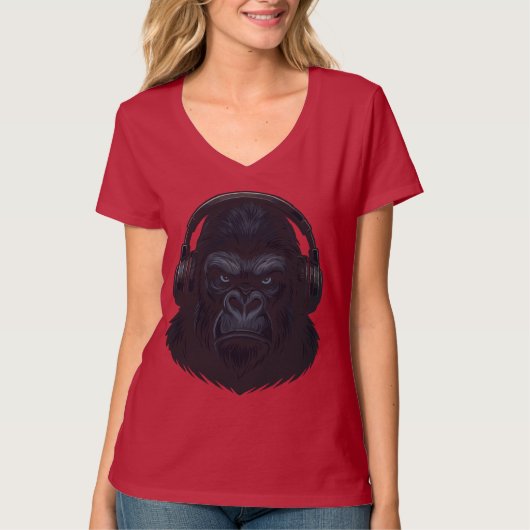 Gorilla with Headphones — Fierce Music Lover  Tシャツ (正面)