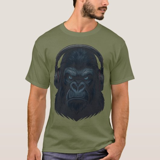 Gorilla with Headphones — Fierce Music Lover  Tシャツ (正面)