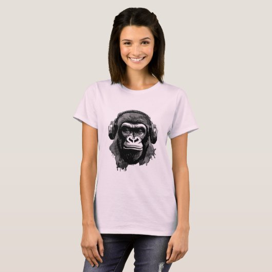 Gorillakopf mit Kopfhörern schwarz weiß Pixel Tシャツ (正面フル)