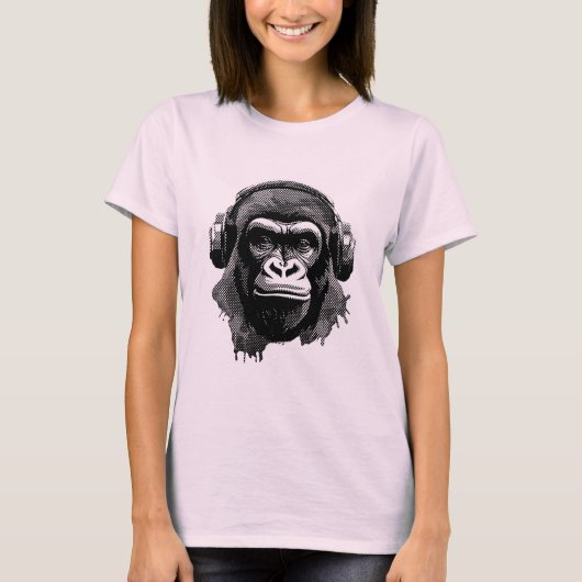 Gorillakopf mit Kopfhörern schwarz weiß Pixel Tシャツ (正面)