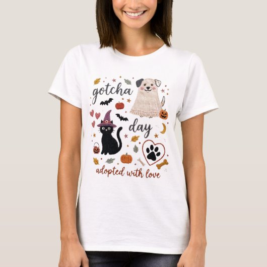 Gotcha Day ハロウィン 黒猫 犬 保護 Tシャツ (正面)