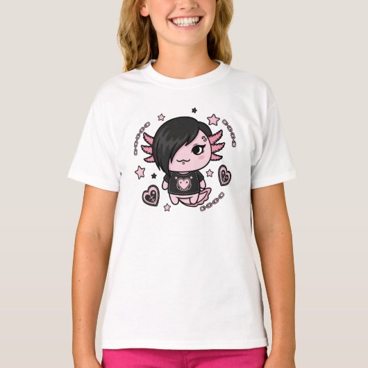 Goth E-Girl Axolotl with Pink Chains and Hearts Tシャツ (正面)