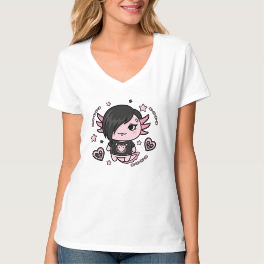 Goth E-Girl Axolotl with Pink Chains and Hearts Tシャツ (正面)