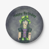 Goth Girl Green Hair Tattoos Dark Grey Birthday ペーパープレート (正面)