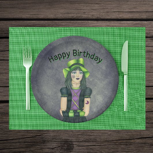 Goth Girl Green Hair Tattoos Dark Grey Birthday ペーパープレート