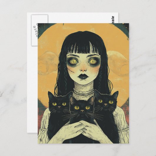Goth Girl With Three Black Cats ポストカード (正面/裏面)