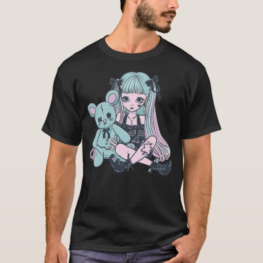 Goth Pastel Kawaii Anime Girl with Voodoo doll Ted Tシャツ (正面)