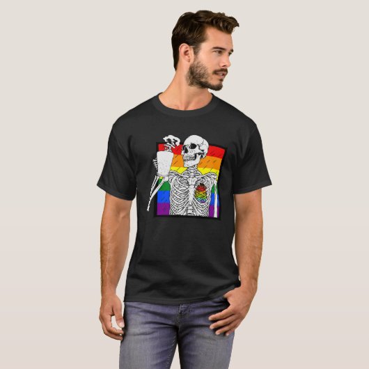 Goth Skeleton Coffee Gay Lesbian Pride Rainbow Hum Tシャツ (正面フル)