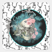 Goth Skull Pink Roses Halloween スクエアシール (正面)